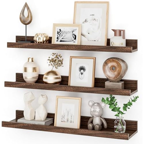 24 Inch Picture Ledge Shelf with Lip,Floating Shelves for Wall Set of 3,Wall Shelves in Varying Depths for Living Room,Bedroom,Nursery,Bookshelf - Walnut