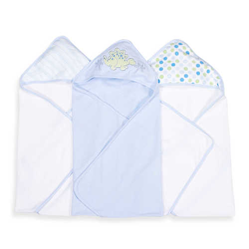 Spasilk Baby Hooded Towel Set for Newborn Boys and Girls, Soft Terry Bath Set, Pack of 3, Blue Dinosaur