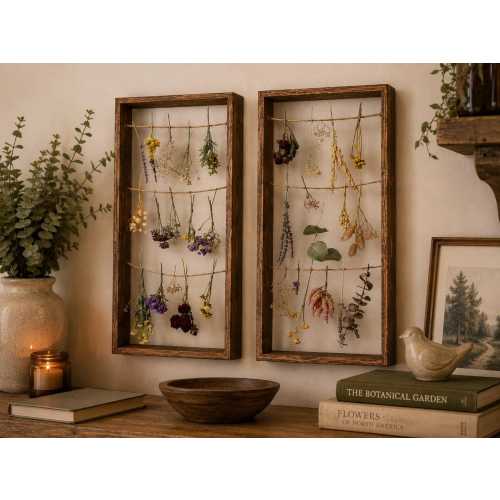 Set of two dried Flower Wall Art in Dark Walnut Frames - 23x9x2”