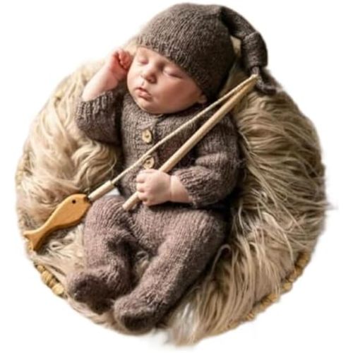 Vemonllas Newborn Photography Prop Baby Boys Girls Photoshoot Outfits Newborn Photo Knitted Romper Sleepy Hat Picture Outfit