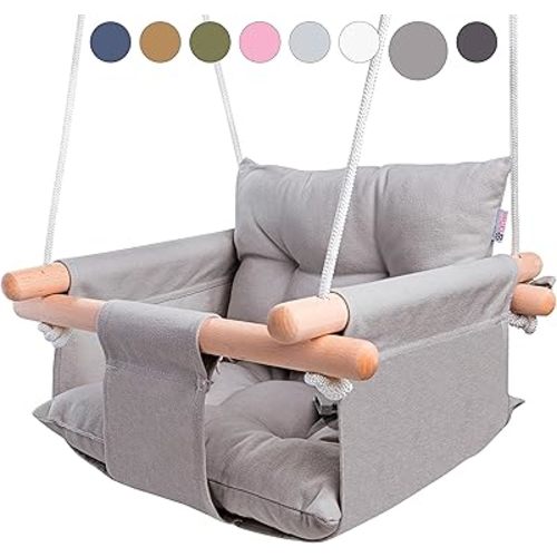 CaTeam - Canvas Baby Swing, Wooden Hanging Swing Seat Chair with Safety Belt, Durable Baby Swing Chair, Outdoor and Indoor Swing for Kids, Mounting Hardware Included, Taupe Gray