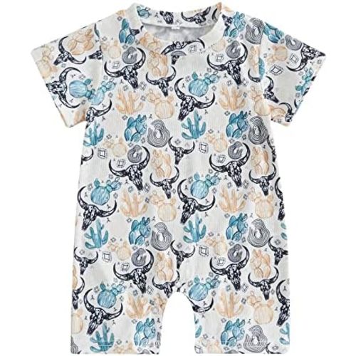 Gueuusu Country Baby Clothes Boy Girl Western Cow Print Short Sleeve Romper Bodysuit Ribbed One Piece Jumpsuit Summer Outfit