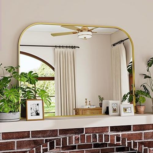 Gold Wall Mounted Bathroom Mirror - 38” x 30" Inch Round Top Right Angle Wall Mirror, Aluminum Metal Framed, Decor for Living Room, Bedroom, Fireplace, Mantle, Entryway, Bathroom