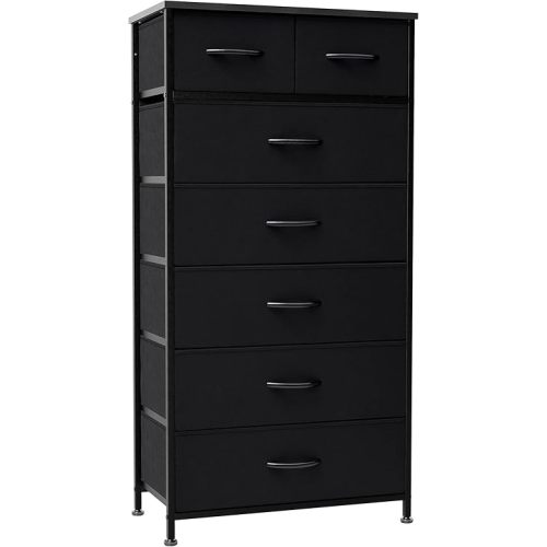 Crestlive Products Vertical Dresser Storage Tower - Sturdy Steel Frame, Wood Top, Easy Pull Fabric Bins, Handles - Organizer Unit for Bedroom, Hallway, Entryway, Closets - 7 Drawers (Black)