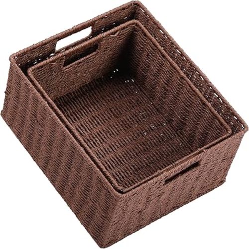 HOONEX Large Woven Storage Baskets, Paper Rope With Sturdy Metal Wire Frame, for Shelves, Set of 2, Dark Brown