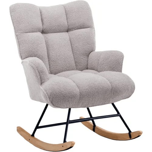 Rocking Chair Nursery Teddy Upholstered Glider Rocker Rocking Accent Chair Padded Seat with High Backrest Armchair Comfy Side Chair for Living Room Bedroom Offices (Grey Teddy)