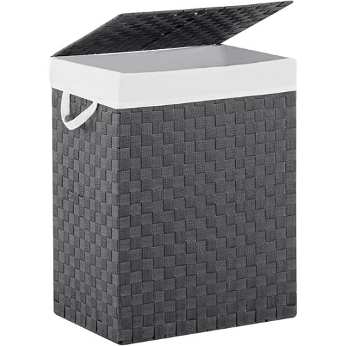 Laundry Hamper Basket with Lid by Fiona's magic, Handwoven 96L Large Clothes Hamper with Removable Liner Bags, Collapsible Tall Hamper for Bedroom, Bathroom and Dorm Organizer, Grey