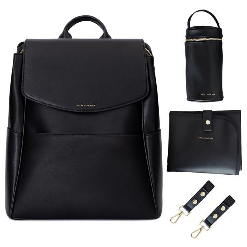 Leather Diaper Bag Backpack with USB Charging port, Changing Pad, Stroller Straps, and Bottle Holder (Black Olivia)
