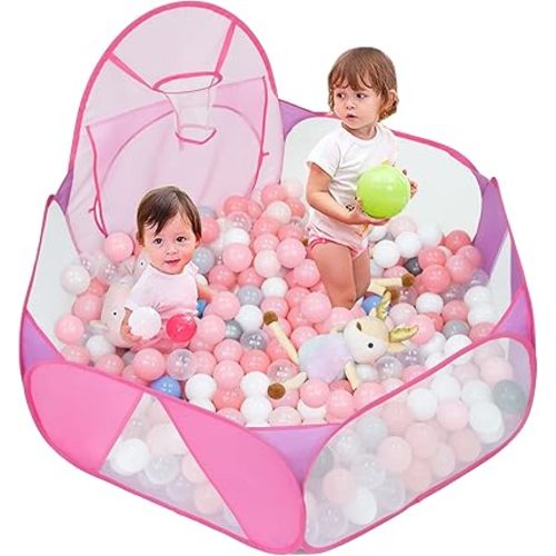 Eocolz Kids Ball Pit Large Pop Up Childrens Ball Pits Tent for Toddlers Playhouse Baby Crawl Playpen with Basketball Hoop and Zipper Storage Bag, 4 Ft/120CM, Balls Not Included (Pink)