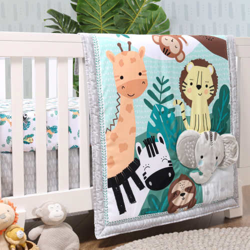 The Peanutshell Green and Grey Wild Kingdom Crib Bedding Set for Baby Boys or Baby Girls, 3 Piece Nursery Set