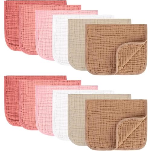 Muslin Burp Cloths 100% Cotton Pack of 12. Soft, Gentle & Absorbent Baby Burp Cloths for Baby Girl & Boys.(Pink & Coffee 12 Pieces)