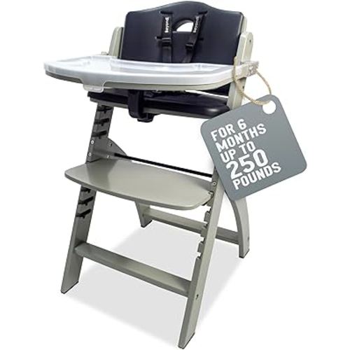 Abiie Beyond Junior Convertible Wooden High Chairs for Babies & Toddlers. 3-in-1 Adjustable High Chair with Removable Tray, Easy to Clean, Portable. 6 Mos.-250 Lb. Misty Grey Wood/Black Pearl Cushion