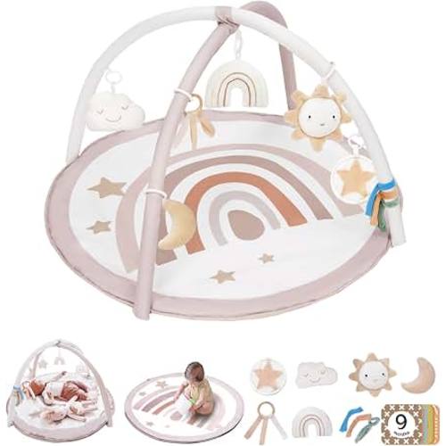 Baby Play Gym Mat, Tummy Time Activity Mat with 7 Detachable Toys and 12 Milestone Cards for Stage-Based Sensory and Motor Skill Development, Washable Play Mats for Infant, Newborn Baby Essentials