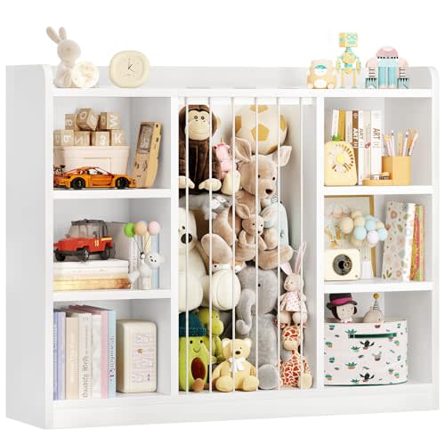 Toddler Stuffed Animal Zoo, Toy Storage Organizer for Playroom, Plush Toy Organizers and Storage, Book Shelf for Kids Rooms, Elastic Band Child Bookcase, Toy Shelf with 8 Storage Cubbies (White)