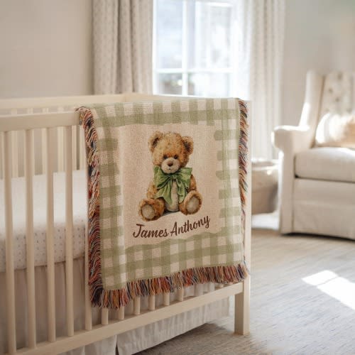 Custom Baby Name Blanket Teddy Bear Personalized Throw Gingham Nursery Decor Baby Name Blanket Cotton Blanket Newborn Keepsake