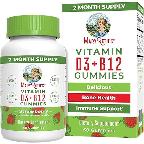 MaryRuth Organics Vegan Vitamin D3 + Vitamin B12 Gummies | 2 Month Supply | Supports Bone Health | Immune Support Supplement | Energy Supplements | Methyl B12 Vegan Non-GMO Gluten Free | 60 Servings