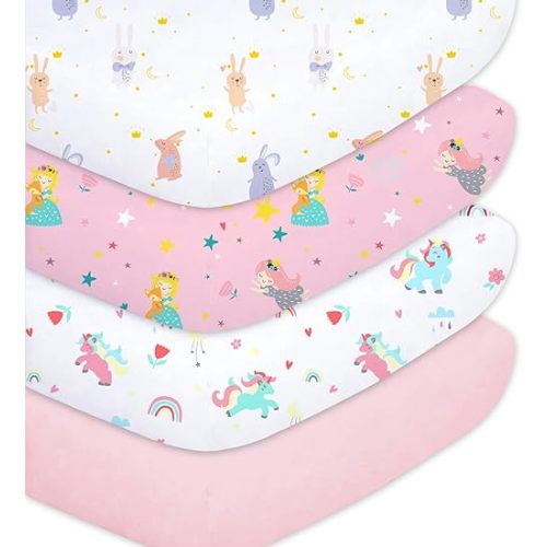 Plushii 4 Pack Fitted Crib Sheets for Baby Boys, 28"x 52" Extra Soft Microfiber Crib Sheet Set for Standard Crib & Toddler Mattress Pad, Rabbit & Dreaming in Wonderland & Rainbow Horse & Pink