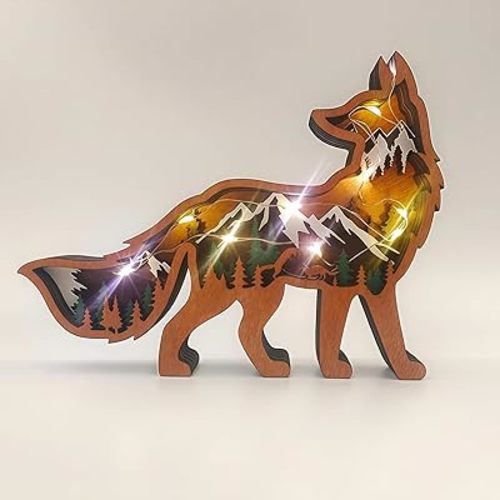 Drawelry 3D Wood Carving Animals Lamp Home Decorative, Cute Bear Family Elephant Presents Ideas Christmas Living Room Office Decor Warm LED Night Lights Gift for Friend Daughter Son Mom Dad (Fox)