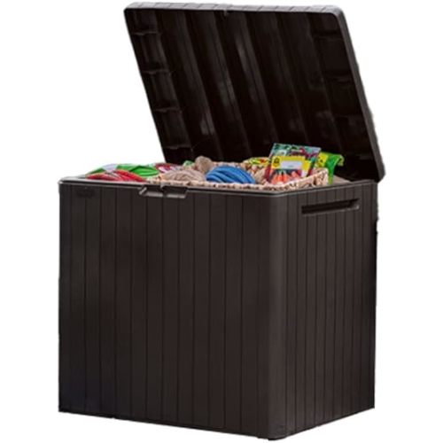 Keter City 30 Gallon Resin Outdoor Storage Box and Patio Furniture Side Table for Pool and Garden Accessories, Brown