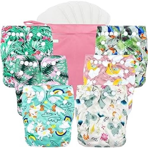 wegreeco Cloth Diapers 6 Pack with 6 Inserts & 1 Wet Bag, Washable Cloth Diapers for Babies, One Size Adjustable Reusable (Rainbow, Horse)