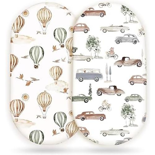 GRSSDER Stretchy Ultra Soft Fitted Bassinet Sheet Set 2 Pack, Universal Fitted for Bassinets Baby Cradle Moses Basket Oval Rectangle Mattress Safe and Snug, Neutral Pattern of Cars Print