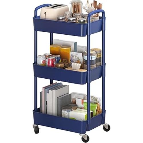 Sywhitta 3-Tier Plastic Rolling Utility Cart with Handle, Multi-Functional Storage Trolley for Office, Living Room, Kitchen, Movable Storage Organizer with Wheels, Blue