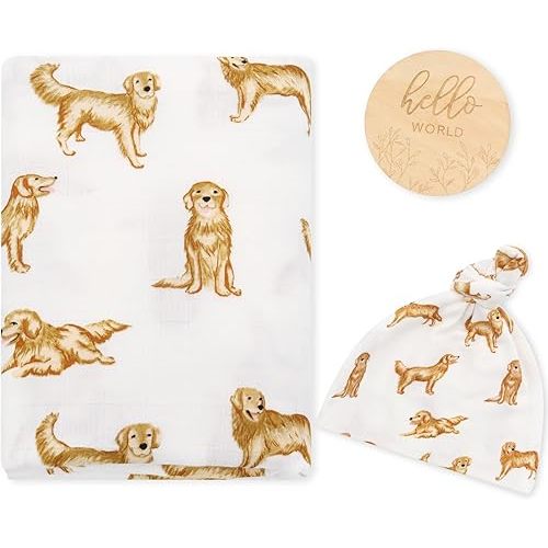 LifeTree Muslin Swaddle Blankets, Muslin Baby Boy Swaddle Blanket and Hat Set with Birth Announcement Card, Newborn Unisex Neutral Receiving Blankets Golden Retriever Pattern