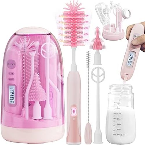 Electric Bottle Brush Cleaner,Rechargable Baby Bottle Brush with Thermometer,Drying Rack,Waterproof Baby Bottle Cleaner with Silicone Nipple Brush, Straw Brush (Sakura Pink)