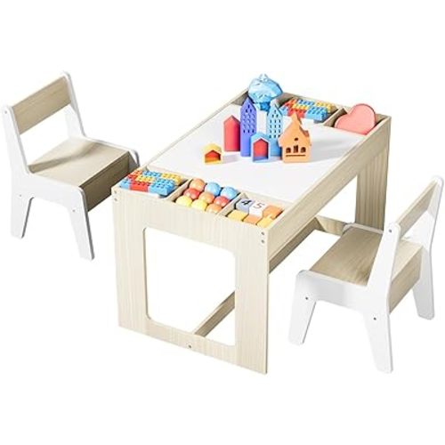 Kids Table and Chair Set, 3 in 1 Wooden Activity Desk w/Blackboard, Storage Space, 2 in 1 Removable Tabletop, Toddler Drawing, Reading, Playing, Art Craft, for Nursery, Playroom (Natural)