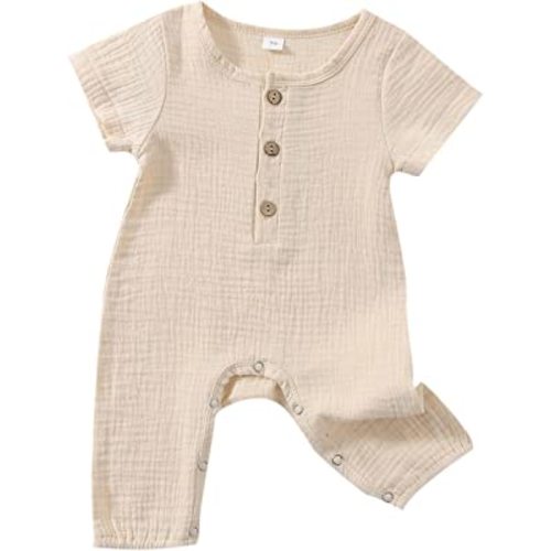 Unisex Baby Cotton Linen Romper Short Sleeve Bodysuit ButtonJumpsuit Girls Boys One Piece Summer Clothes (Beige, 0-3 Months)