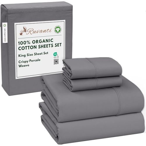 100% Organic Cotton Sheets King Size, Percale Weave, GOTS Certified, 4-Piece Set, Deep Pocket 15", Crisp & Breathable, Soft Durable Bedding, Sábanas Algodón Orgánico – Silver Filigree