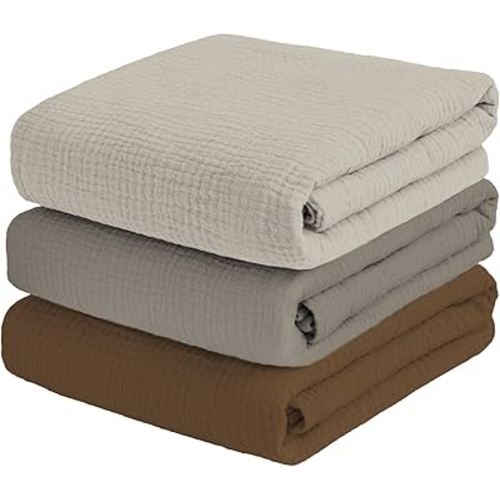 Muslin Swaddle Blankets for Baby Boy, Receiving Blankets for Boys Nursery Large 47 x 47 Inches Soft Breathable Skin-Friendly Cotton Blanket for Newborn 3 Packs, Cream White Stone Coffee