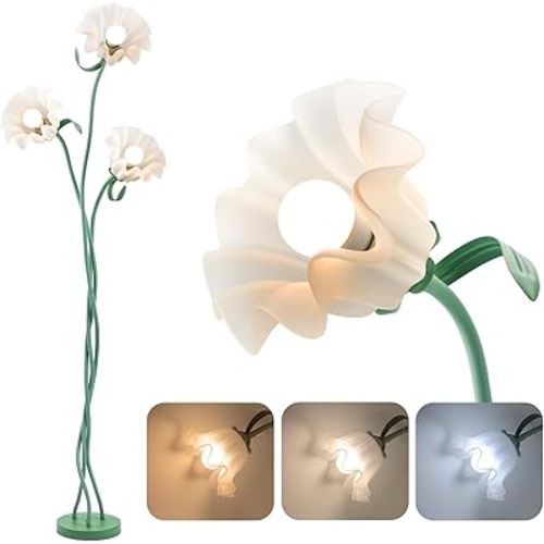 Vintage 3 Heads Flower Floor Lamp,‎ 3 Color Modes LED Standing Lamps with E26 Bulb Flexible Gooseneck Shaft Reading Tall Lamp for Bedroom Living Room Office Home Decor