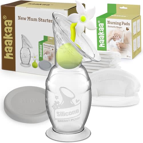 haakaa Silicone Breast Pump Manual Breast Pump with Suction Base, Flower Stopper and Silicone Lid(5oz/150ml) (White) +Disposable Nursing Pads for Breastfeeding,36pcs