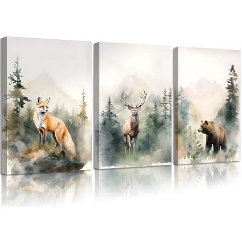 3Pcs Framed Woodland Nursery Canvas Wall Art Animals Wall Decor Forest Prints Posters Deer Bear Fox Watercolor Pictures Paintings for Boys Room Girls Room 12x16in