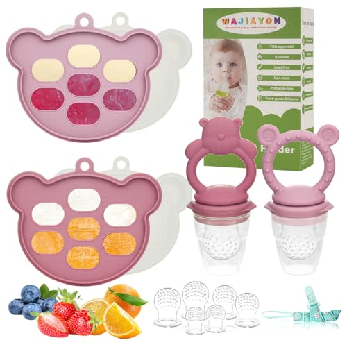 Baby Breastmilk Popsicle Molds & Baby Fruit Feeder (6 Pack), WAJIAYON Baby Food Freezer Tray Storage Containers, Silicone Teething Pacifier Feeder and Teether for Babies,Moss and Fawn Baby Feeder