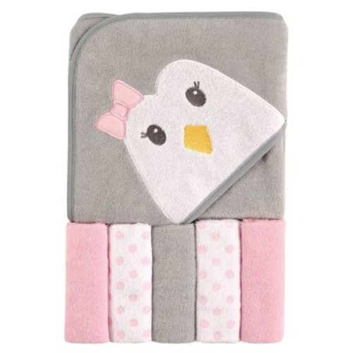 Luvable Friends Baby Girl Hooded Towel With Five Washcloths, Penguin, One Size