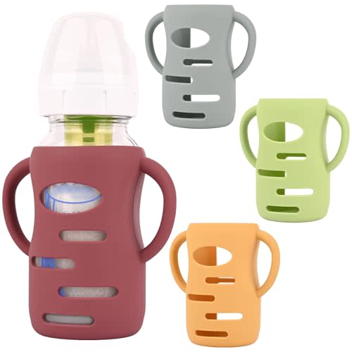 HUAKENER 4 Pack Silicone Sleeves with Handles for Dr Brown Baby Bottles, Anti Breakage Baby Bottles Holder, Compatible Dr Brown Wide-Neck Baby Bottles 9 oz