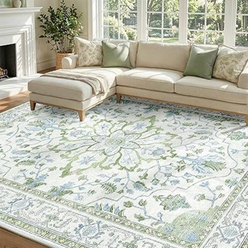 RELEANY Area Rugs 8'x10' Washable Non-Slip, Floral Vintage Distress Medallion Carpet for Living Room Bedroom Dining Room, Green White Blue