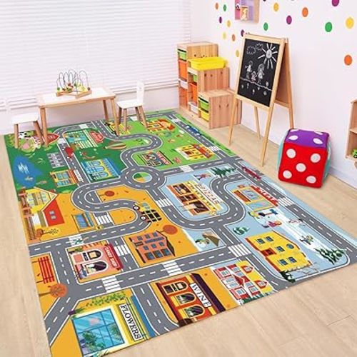 Car Rugs for Kids Toy Cars,Kids Play Rug with Non-Silp Backing, City Road Carpet for Playroom Bedroom Boys, Car Track Map Playmat - 6'7" x 4'11" (Rectangular)