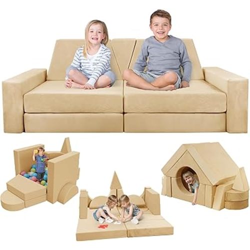 15pcs Modular Kids Play Couch, Kids Couch for Toddler & children, toddler couches, Kid Couches fort building kit for Playroom furniture, Kid Play Couches, Convertible Sofa for Boys & Girls, Flesh