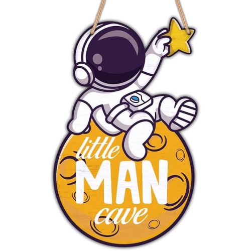 Little Man Cave Sign Space Decor for Boys Room Space Themed Bedroom Decor Space Planet Astronaut Wooden Door Sign Decor for Baby Boys Room Nursery Playroom Wall Decorations