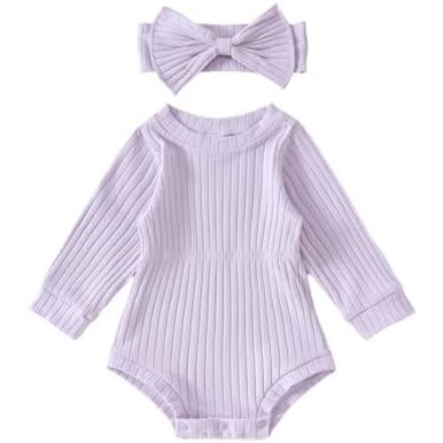 Karwuiio Newborn Baby Girl Fall Outfits Long Sleeve Ribbed Knit Jumpsuit Romper with Headband Infant Clothes Sets