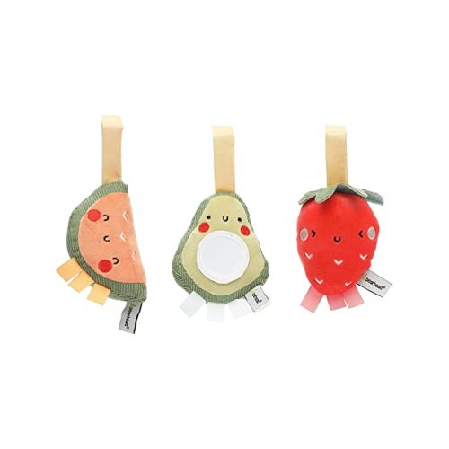 Pearhead Fruit Stroller Toys, Plush Corduroy Baby Travel Car Seat Toy Set, Baby Hanging Mirror and Interactive Toys, Gender-Neutral Baby Travel Accessories, Strawberry Avocado Watermelon Set of 3