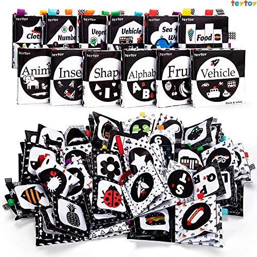 teytoy Upgraded Baby Soft Book 12 PCS,High Contrast Black White Baby Toys, Newborn Infant Babies First Crinkle Cloth Books 0 3 6 9 12 Months, Early Education Sensory Toys with Bell - Multiple Themes