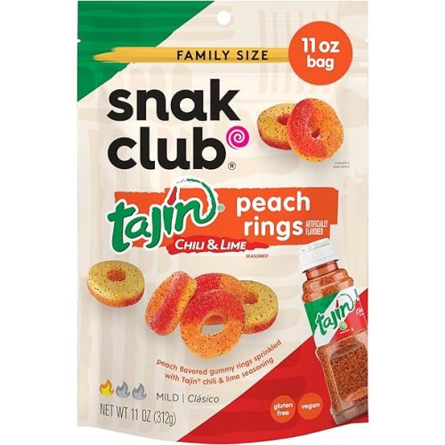 Snak Club Peach Rings, Tajin Chili & Lime Seasoned, Sweet and Spicy Gummy Candy, Mild in Heat Bold in Flavor, Low-Fat, Vegan, Gluten-Free Snack, Family Size, 11 Ounce