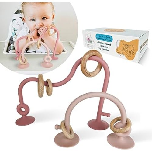 Silicone Wood Table Top Teether and High Chair Toys with Suction Cups, Montessori Educational Toys for Infant Toddlers (Dark Pink and Dusty Rose)