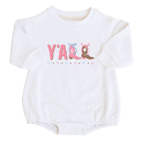 Y'all Graphic Sweatshirt Bubble Romper | White