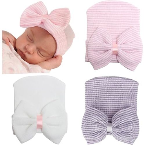 DRESHOW BQUBO Newborn Hospital Hat Infant Baby Hat Cap with Big Bow Soft Cute Knot Nursery Beanie