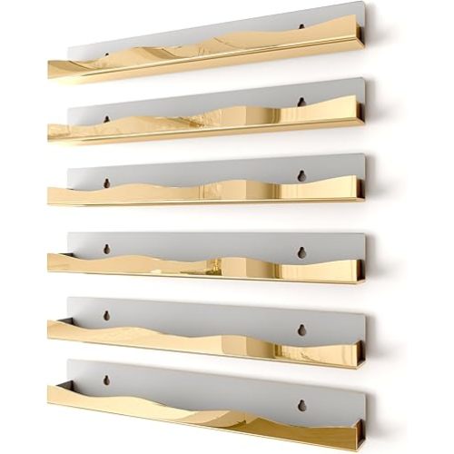 YMVV Wall-Mounted Nail Polish Organizer Rack - 15-Inch Gold Mirror Finish Nail Polish Shelf, Makeup & Beauty Essentials Storage - Multi-Purpose Display Holder for Small Space, Vanity Bathroom, 6 Pack